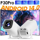 Mini projetor inteligente P30PRO Android 14 com Wi-Fi 6 e Bluetooth 5.0, suporta resolução 4K (1280 x 720p) e espelhamento de ecrã. Ideal para home theater.